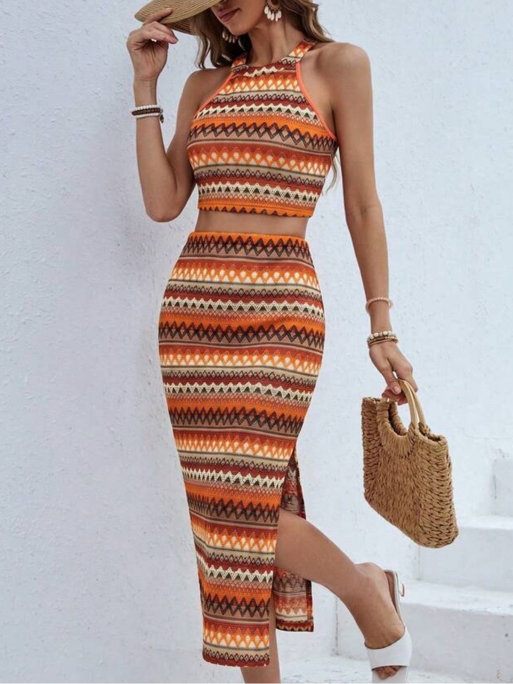 Orange Tribal Print 2 Piece Skirt Set Size M Vacation Resort Outfit